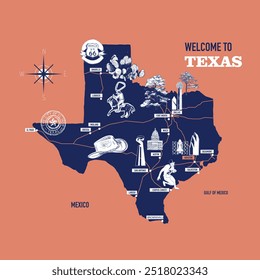 Vector illustration of travel map of Texas with landmarks and cities, roadmap.  USA culture travel set, famous architectures and specialties. Business travel and tourism concept clipart, icons.