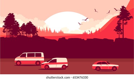 Vector illustration travel on cars route in the wild sunset sun