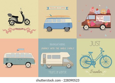 Vector illustration of a travel on retro transport.