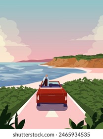 Vector illustration. Travel poster, banner, postcard, cover, packaging, sticker. Travelling by car. Ocean, road.