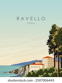 Ilustración vectorial. Cartel de viaje, Anuncio, postal, cubierta. Afiche de pared. Italia. Diseño moderno. Viajes, turismo.