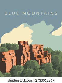 Vector illustration. Travel poster Blue Mountains, postcard, banner, cover. Tourism. Mountains. Nature.