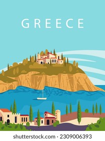 Vector illustration. Travel poster Greece. Design for postcards, posters, banners, travel guide covers.