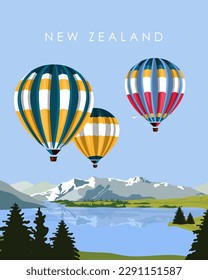 Vector illustration. Travel poster. New Zealand. Balloons. Isolated vector. Travel around the world. Design for posters, banners, postcards.