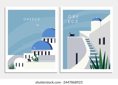 Vector illustration. Travel posters Greece, Santorini. Postcards, banners. Modern design. Posters on the wall.