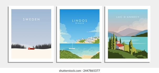 Vector illustration. Travel posters, postcards, banners. Collection of posters for the wall. Home decor. Sweden, Greece, France, England. Modern design.