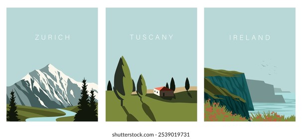 Vector illustration. Travel posters set, collection, banners, covers, postcards. Zurich, Tuscany, Ireland. Nature. Tourism.