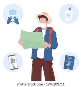 Vector illustration travel set 2021. Man with map, glovers, passport, sanitizer, mask, healthy passport. Corona reality traveling.