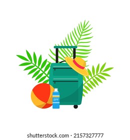 Vector illustration of travel suitcase, beach ball and tropical leaves isolated on white background. Summer vacation concept in purple colors.