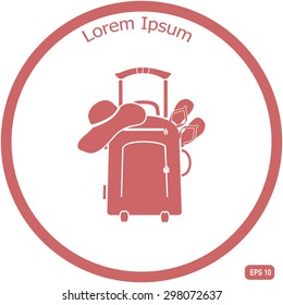 Vector illustration with travel suitcase and beach hat and slippers