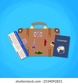 Vector illustration of travel suitcase with funky stickers, passport with tickets. on light background. Air travel concept. Flat Design