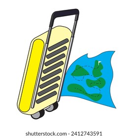 Vector illustration with travel suitcase. Travel suitcase with pull-out handle on wheels. Map with marked route and flag at the destination. Travel, tourism, trip, vacation.