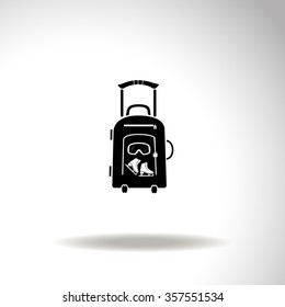 Vector illustration with travel suitcase and skates, ski goggles