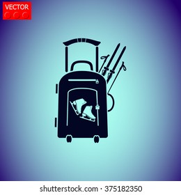 Vector illustration with travel suitcase and skates, skiing.