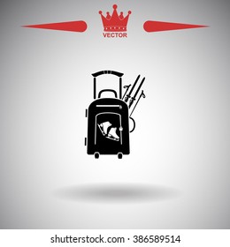 Vector illustration with travel suitcase and skates, skiing.