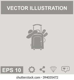 Vector illustration with travel suitcase, slippers and  beach hat. 