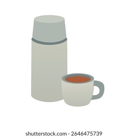 Vector Illustration of Travel Thermos Flask and Mug with Hot Drink Isolated on White Background