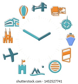 Vector illustration. Travel time. Activities icons in a watch sphere with hours.