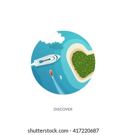 Vector illustration. Travel and tourism. Airplane, aviation. Summer holidays, vacation. Plane landing. Flight, air travelling.  Sky, aerial, tropical background. Journey.  Island, sea, boats.