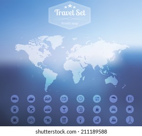 Vector illustration of Travel web and mobile interface template in Minimalistic style with  world map and icons set on blurred background 