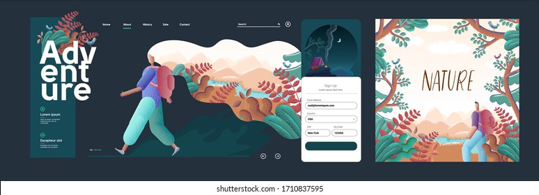 Vector illustration. A traveler or explorer stands in the background of nature. The concept of the site is discovery, exploration, hiking, adventure tourism and travel. Website template.