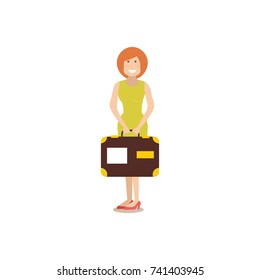 Vector illustration of traveler female with suitcase. Tourist people concept flat style design element, icon isolated on white background.