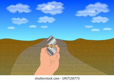 Vector illustration of traveler with a heart shaped compass searching the right route. following the heart and concept. traveling and finding Love.
