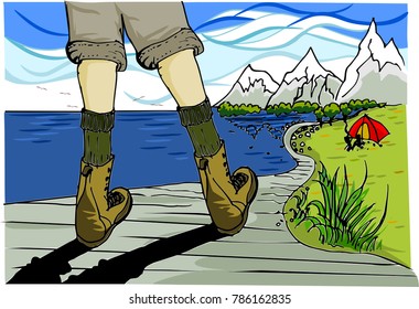 Vector illustration of traveler looking at the views of mountain, lake, and savanna.  