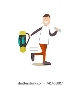 Vector illustration of traveler male with backpack and map. Tourist people concept flat style design element, icon isolated on white background.