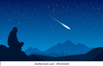 Vector illustration: Traveler sitting  and looking at the starry sky.  Night mountains landscape with meteor.