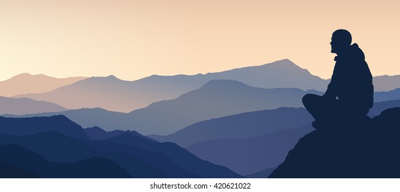 Vector illustration: Traveler sitting on the stone and meets the sunrise in the mountain. Silhouette