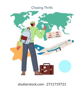 Ilustración vectorial de un viajero usando un smartphone y mapa para realizar un Plan. Incluye un avión, maleta y boletos de viaje, haciendo hincapié en la aventura y la exploración.