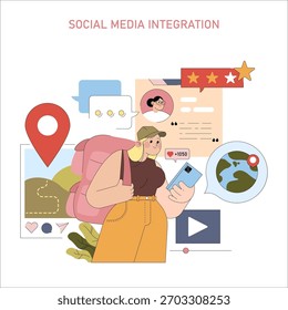 Ilustración vectorial de un viajero usando las redes sociales en su teléfono inteligente, rodeado de íconos digitales como mapas y likes, enfatizando la integración de las redes sociales en las experiencias de viaje.