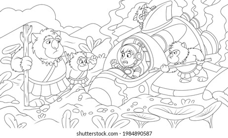 Vector illustration, traveler young cosmonaut crashed on an alien planet, rocket breakdown, meeting of an astronaut with aliens, coloring book