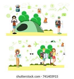 Vector illustration of travelers going hiking, camping. Tourist people symbols, icons isolated on white background. Flat style design.