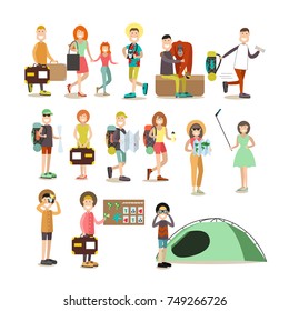 Vector illustration of travelers males, females, families going hiking, camping, visiting zoo and other famous places. Tourist people symbols, icons isolated on white background. Flat style design.