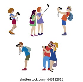 Vector Illustration of travelers taking a photo and selfie using camera and mobil. Flat illustration of young woman and man character by shooting.