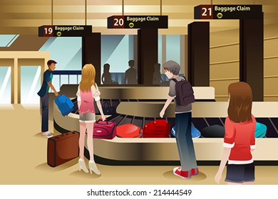 A vector illustration of travelers waiting for their baggage at the baggage claim area