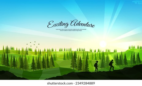 Vector illustration. Travelers walk. Travel concept of discovering, exploring and observing nature. Hiking. Adventure tourism. Couple walking with backpack and travel sticks. Website template. Nature