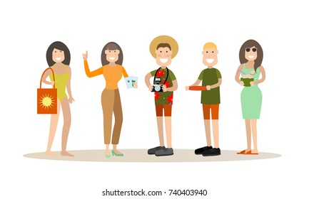 Vector illustration of travelers woman in swimsuit, lady with cocktail, tourists males and tour operator female. Summer people concept flat style design element, icon isolated on white background.