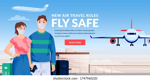 Vector Illustration Of Traveling Caucasian Couple Characters. Air Travel New Rules, Healthy And Safe Flight Concept. Young Man And Woman In Medical Protection Masks At Airport Terminal.