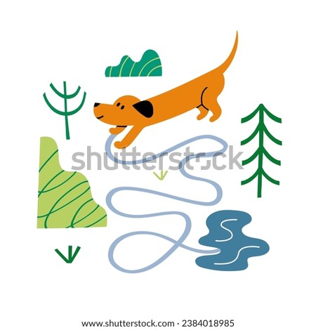Vector illustration with a traveling dachshund. Isolated illustration by a dog.