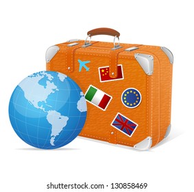 Vector illustration of traveling element baggage and globe