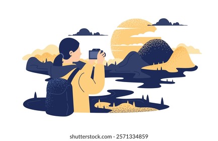 Vector illustration of a traveling girl with a backpack taking a photo of a mountain landscape on a camera. A travel blogger in a yellow jacket shares moments of her journey with her followers