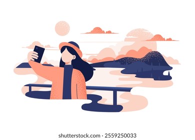 Vector illustration of a traveling girl in a hat taking a selfie against the backdrop of a sunset landscape with mountains. The female character shares moments of her travel with her followers.