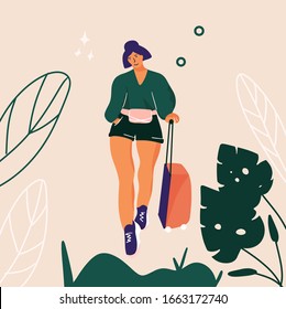 Ilustración vectorial de una chica viajera con su equipaje