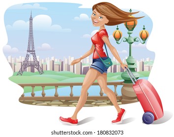 Vector illustration of a traveling girl. Paris theme.