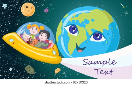 Vector illustration, traveling in a spacecraft to the moon, card concept.