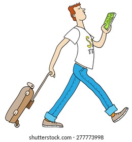 Vector Illustration for Traveling Theme. Funny and Confident Doodle Traveler Walking with Smartphone Navigator. Cartoon Doodle Character