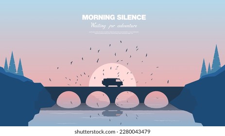 Vector illustration. Traveling in a van. Bridge over the river. Many birds in the air. Morning landscape.